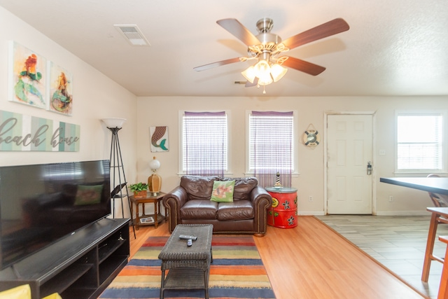 living room with ceiling fan and wood-type flooring