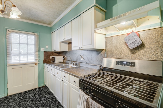 kitchen with white cabinets, gas range, ornamental molding, sink, and ventilation hood