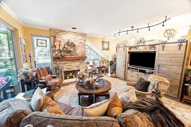 living room with a stone fireplace, crown molding, a barn door, and rail lighting