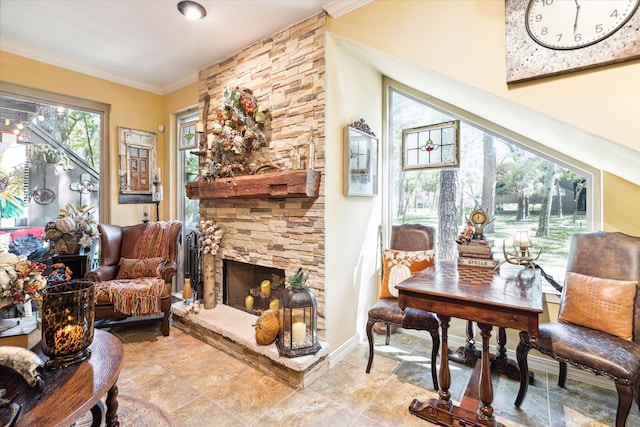 living room featuring ornamental molding and a stone fireplace