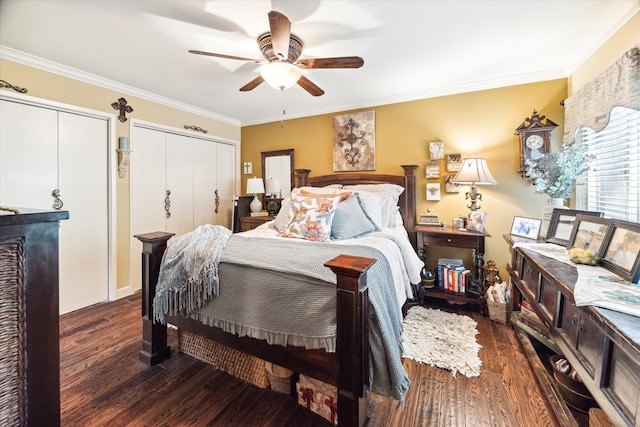 bedroom featuring ceiling fan, ornamental molding, and dark hardwood / wood-style floors