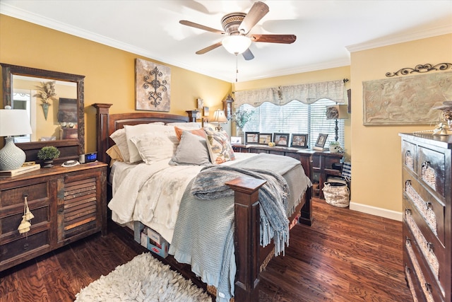 bedroom with ceiling fan, crown molding, and dark hardwood / wood-style flooring