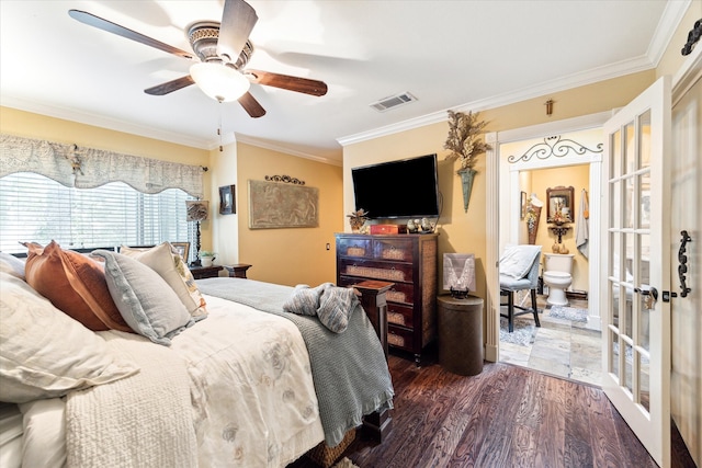 bedroom with dark hardwood / wood-style flooring, crown molding, and ceiling fan