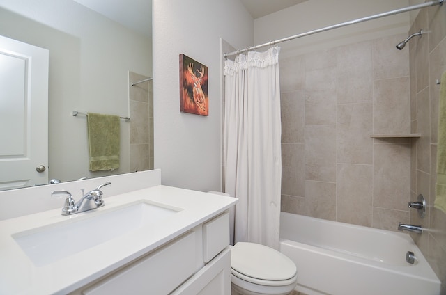 full bathroom featuring vanity, toilet, and shower / bathtub combination with curtain