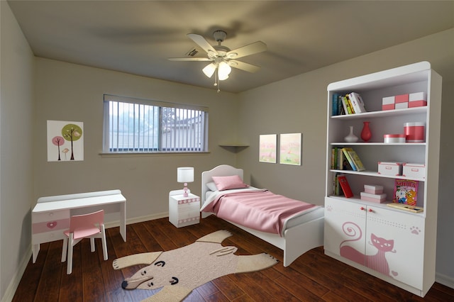 bedroom with baseboards, wood-type flooring, and ceiling fan