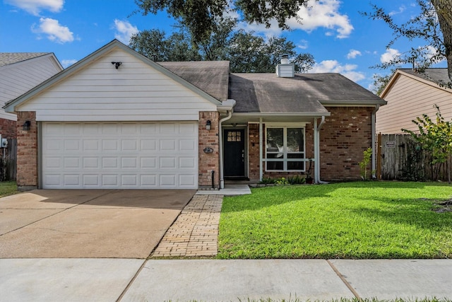 single story home with brick siding, a chimney, concrete driveway, an attached garage, and a front lawn