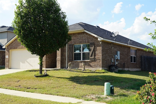 exterior space with a garage and a front lawn