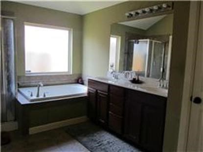 bathroom featuring vanity and shower with separate bathtub