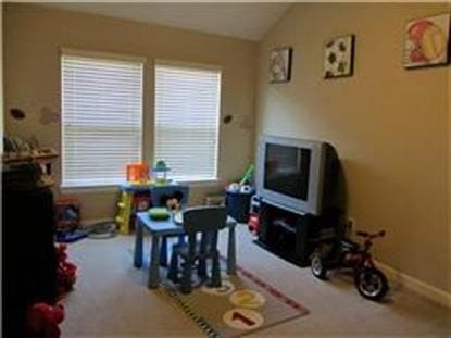 recreation room with carpet and lofted ceiling