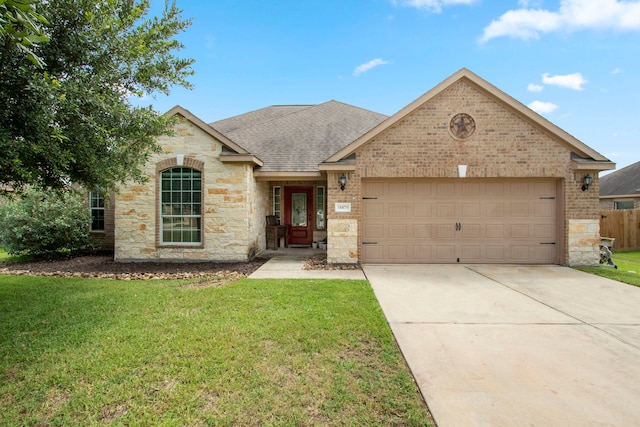 view of front of home with a garage and a front lawn