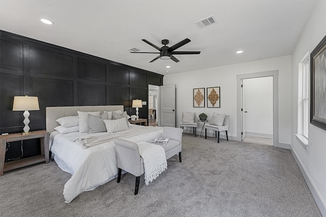 carpeted bedroom with ceiling fan