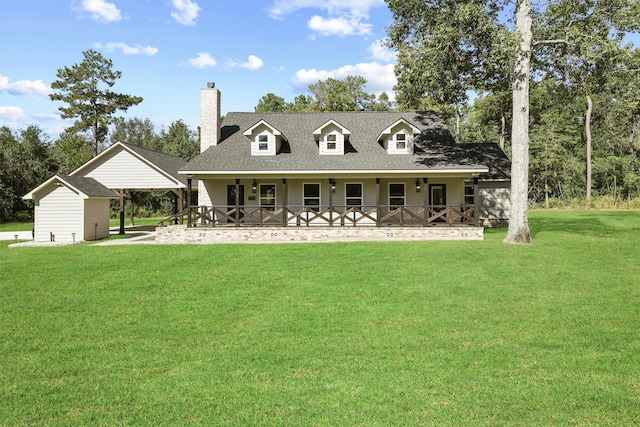 cape cod-style house featuring a front yard and a storage shed