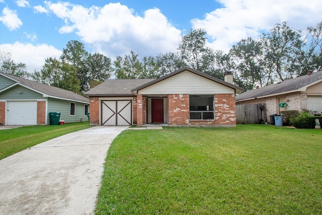 ranch-style house featuring a garage and a front lawn