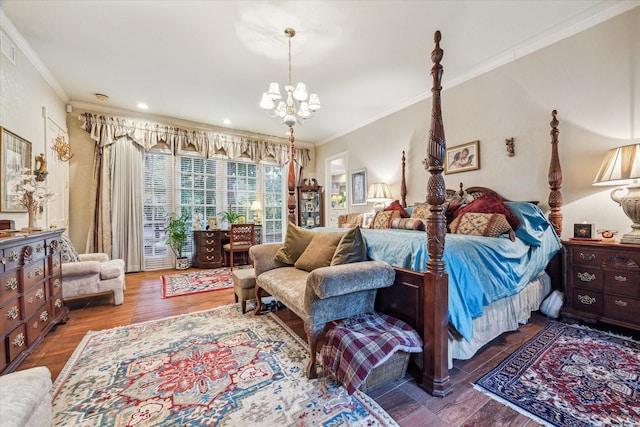 bedroom with crown molding and an inviting chandelier