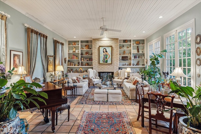 sitting room with light tile patterned floors, wood ceiling, and built in shelves