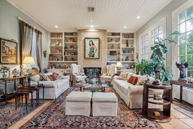 living area featuring built in shelves, recessed lighting, wooden ceiling, and a fireplace