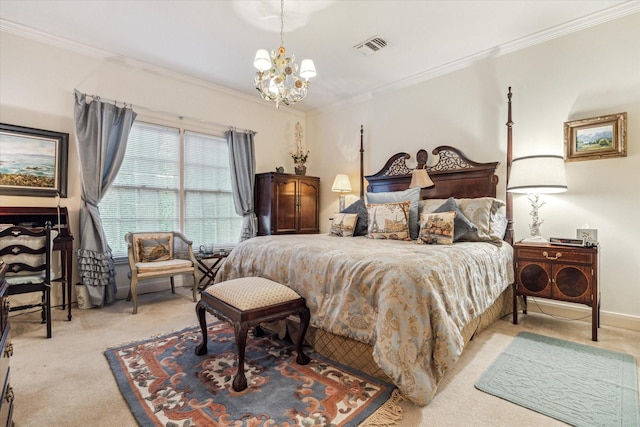 bedroom featuring visible vents, baseboards, light colored carpet, ornamental molding, and an inviting chandelier