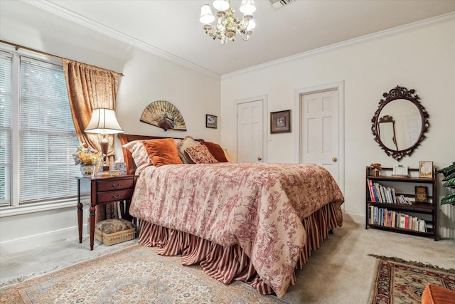 bedroom with light carpet, crown molding, baseboards, and a notable chandelier