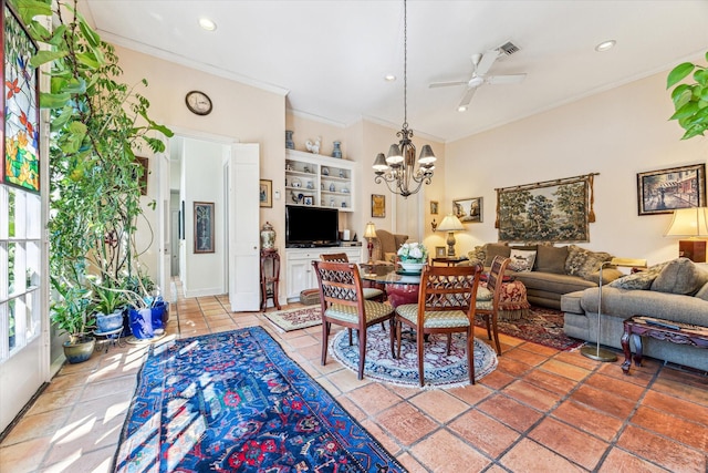 dining area with light tile patterned floors, visible vents, ornamental molding, ceiling fan with notable chandelier, and recessed lighting