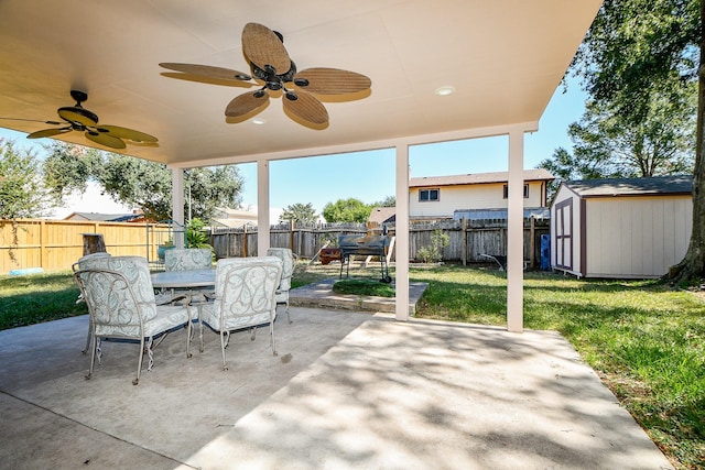 view of patio with a shed