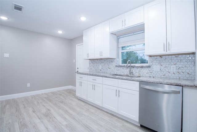 kitchen featuring dishwasher, white cabinets, light stone counters, and sink