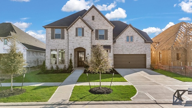 french country inspired facade featuring a garage and a front lawn