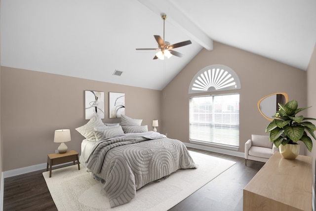 bedroom with dark hardwood / wood-style flooring, vaulted ceiling with beams, and ceiling fan