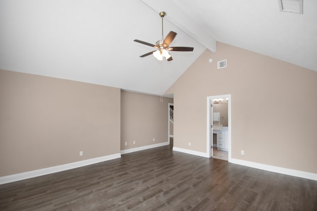 unfurnished living room featuring high vaulted ceiling, beamed ceiling, dark wood-type flooring, and ceiling fan