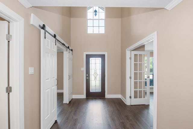 entrance foyer with a barn door, a healthy amount of sunlight, and dark hardwood / wood-style flooring