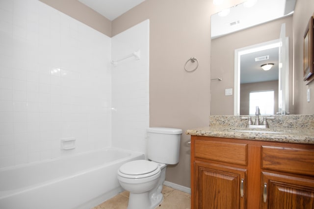 full bathroom with vanity, shower / bathtub combination, toilet, and tile patterned flooring