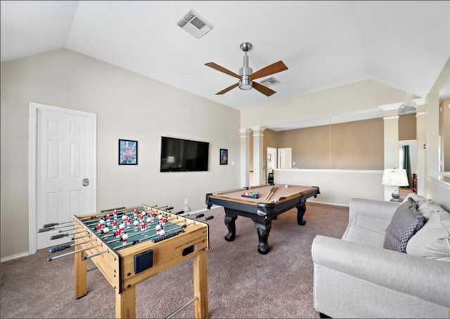 recreation room featuring lofted ceiling, billiards, carpet, ceiling fan, and decorative columns