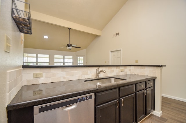 kitchen featuring sink, ceiling fan, stainless steel dishwasher, decorative backsplash, and dark hardwood / wood-style floors