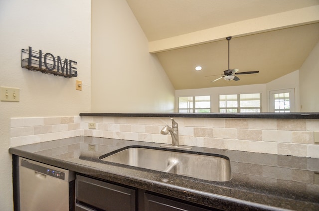 kitchen with sink, dishwasher, ceiling fan, vaulted ceiling, and decorative backsplash