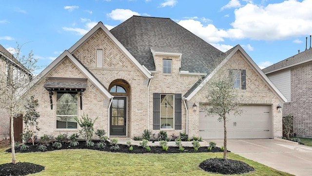 french country home with driveway, a shingled roof, a front lawn, and brick siding