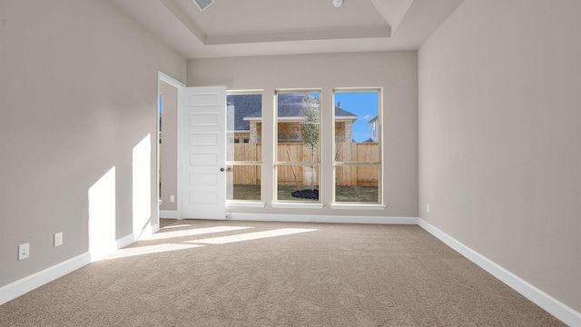 unfurnished room featuring a raised ceiling, carpet flooring, and baseboards