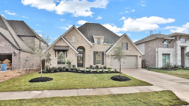 view of front facade with brick siding, a shingled roof, concrete driveway, a garage, and a front lawn