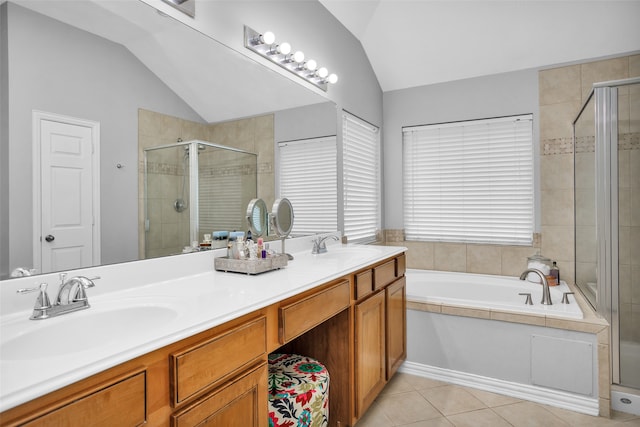 bathroom with vaulted ceiling and plus walk in shower