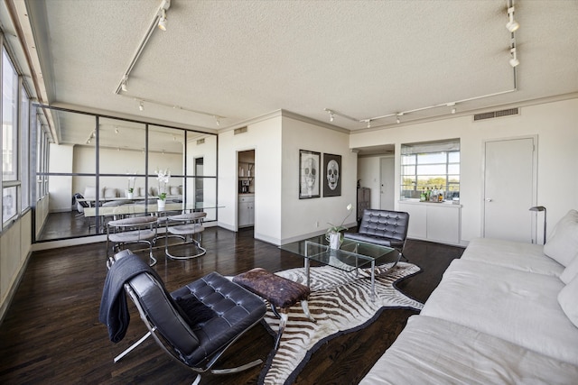 living room with dark hardwood / wood-style floors, a textured ceiling, and track lighting