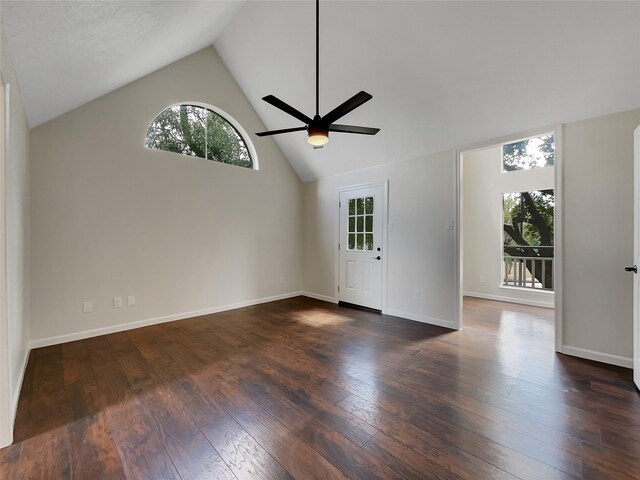14718 W Bend Dr, Houston, TX 77082 - unfurnished room with plenty of natural light, a ceiling fan, dark wood-style flooring, and high vaulted ceiling