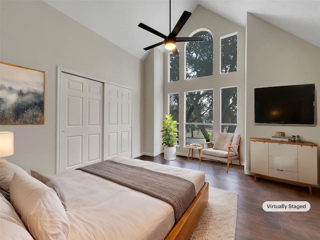 14718 W Bend Dr, Houston, TX 77082 - bedroom with high vaulted ceiling, wood finished floors, a ceiling fan, and a closet