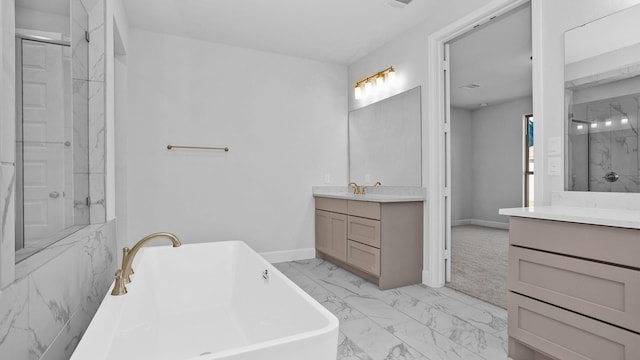 bathroom featuring shower with separate bathtub and vanity