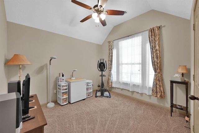 miscellaneous room with ceiling fan, light carpet, and lofted ceiling