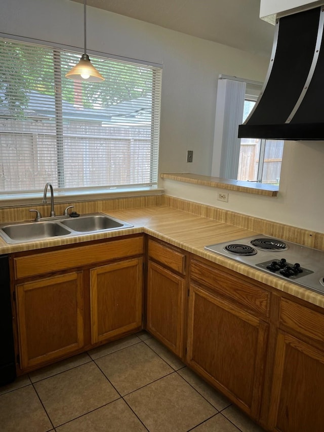 10506 Twilight Moon Dr, Houston, TX 77064 - kitchen with ventilation hood, a sink, stainless steel electric stovetop, and plenty of natural light