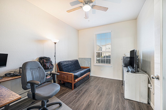 office with ceiling fan and dark hardwood / wood-style floors