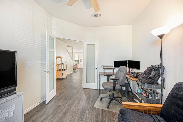 office space with french doors, ceiling fan, and dark hardwood / wood-style flooring