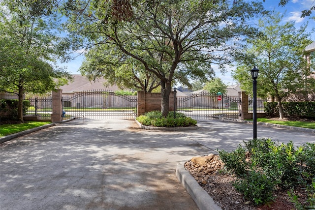 view of concrete street featuring curbs, a gate, street lights, and a gated entry