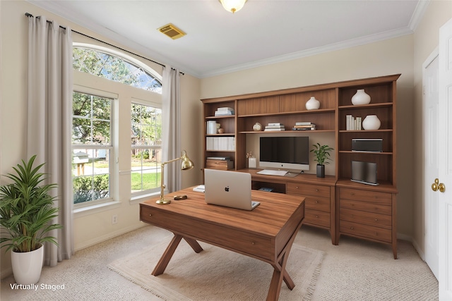 home office featuring ornamental molding and light carpet