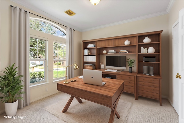 office space featuring light carpet, healthy amount of natural light, baseboards, and crown molding