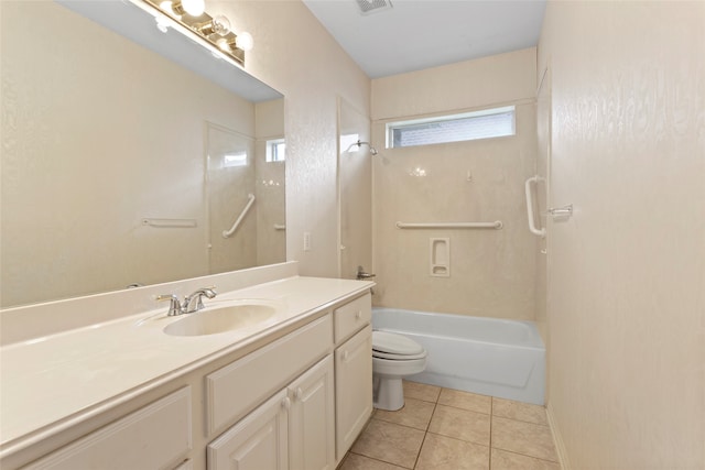 bathroom with toilet, washtub / shower combination, vanity, and tile patterned floors