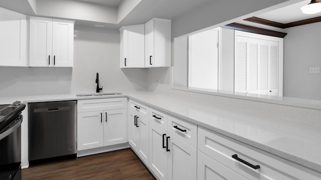 kitchen featuring light stone countertops, sink, dishwasher, white cabinets, and dark wood-type flooring